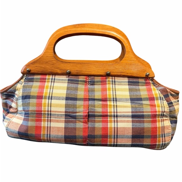 Handbags - Plaid Handbag with Wooden Handle